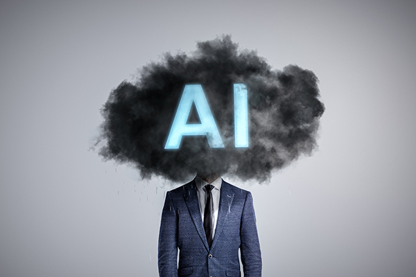 A person stands dressed in a formal blue suit; their face obscured by a dark cloud with the text “AI” prominently displayed inside