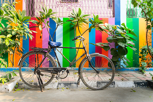 Bike in front of striped wall